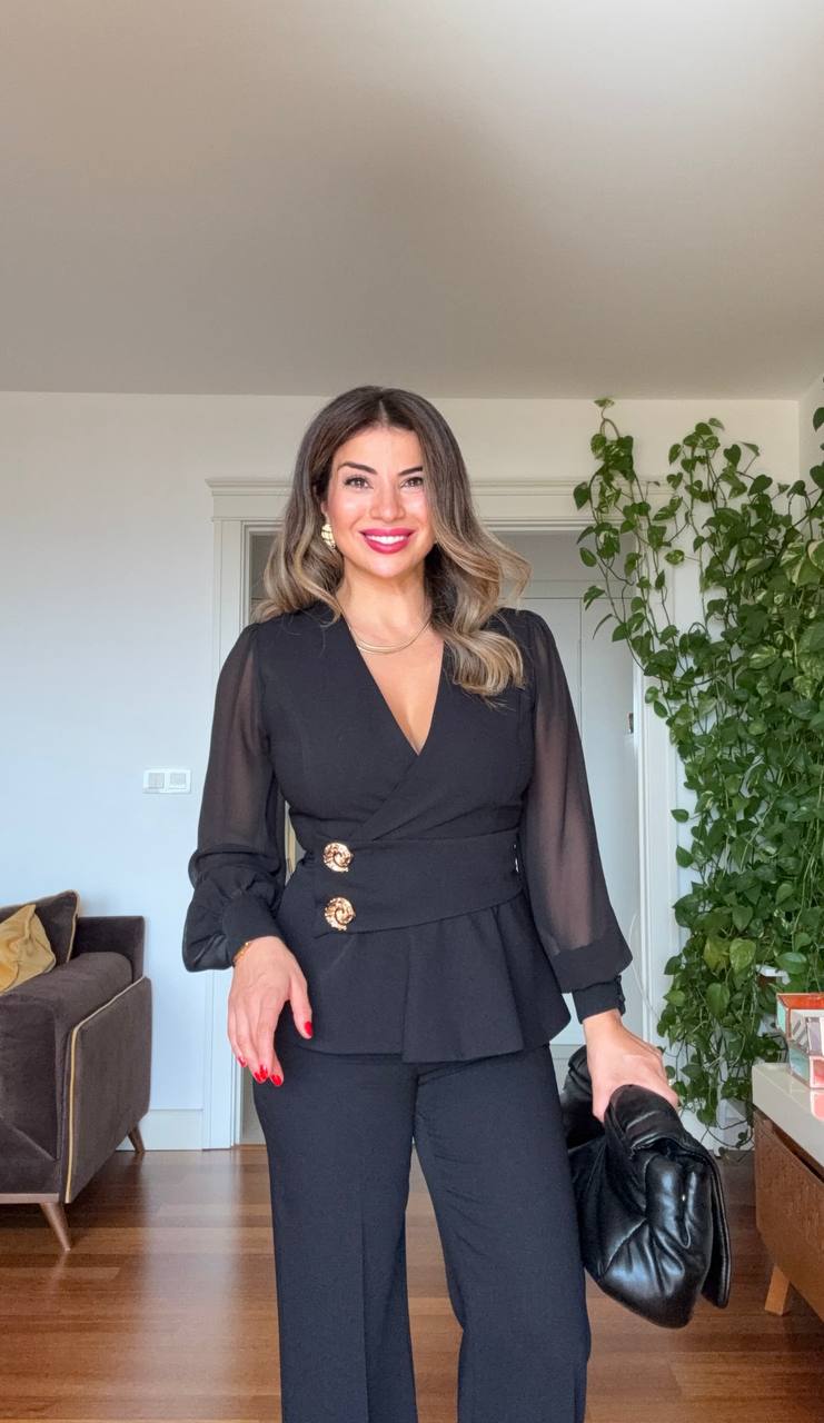 ELEGANT WRAP NECK SUIT – BLACK