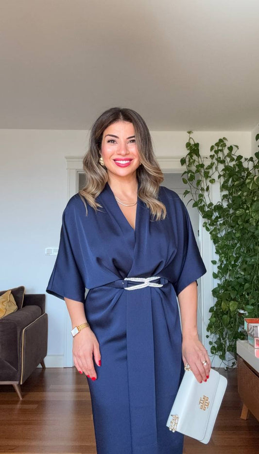 ELEGANT V-NECK SATIN DRESS WITH BELT DETAIL - NAVY