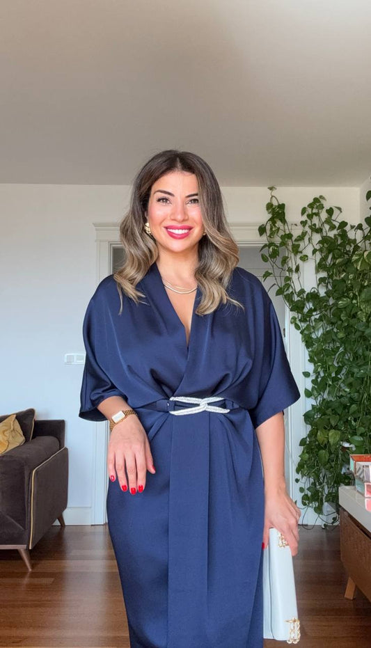 ELEGANT V-NECK SATIN DRESS WITH BELT DETAIL - NAVY