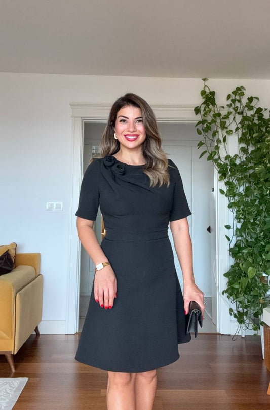 CLASSIC DRESS WITH SHOULDER FLOWER DETAIL – BLACK