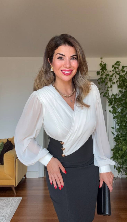 THREE-BUTTON DETAIL WRAP DRESS – BLACK & WHITE