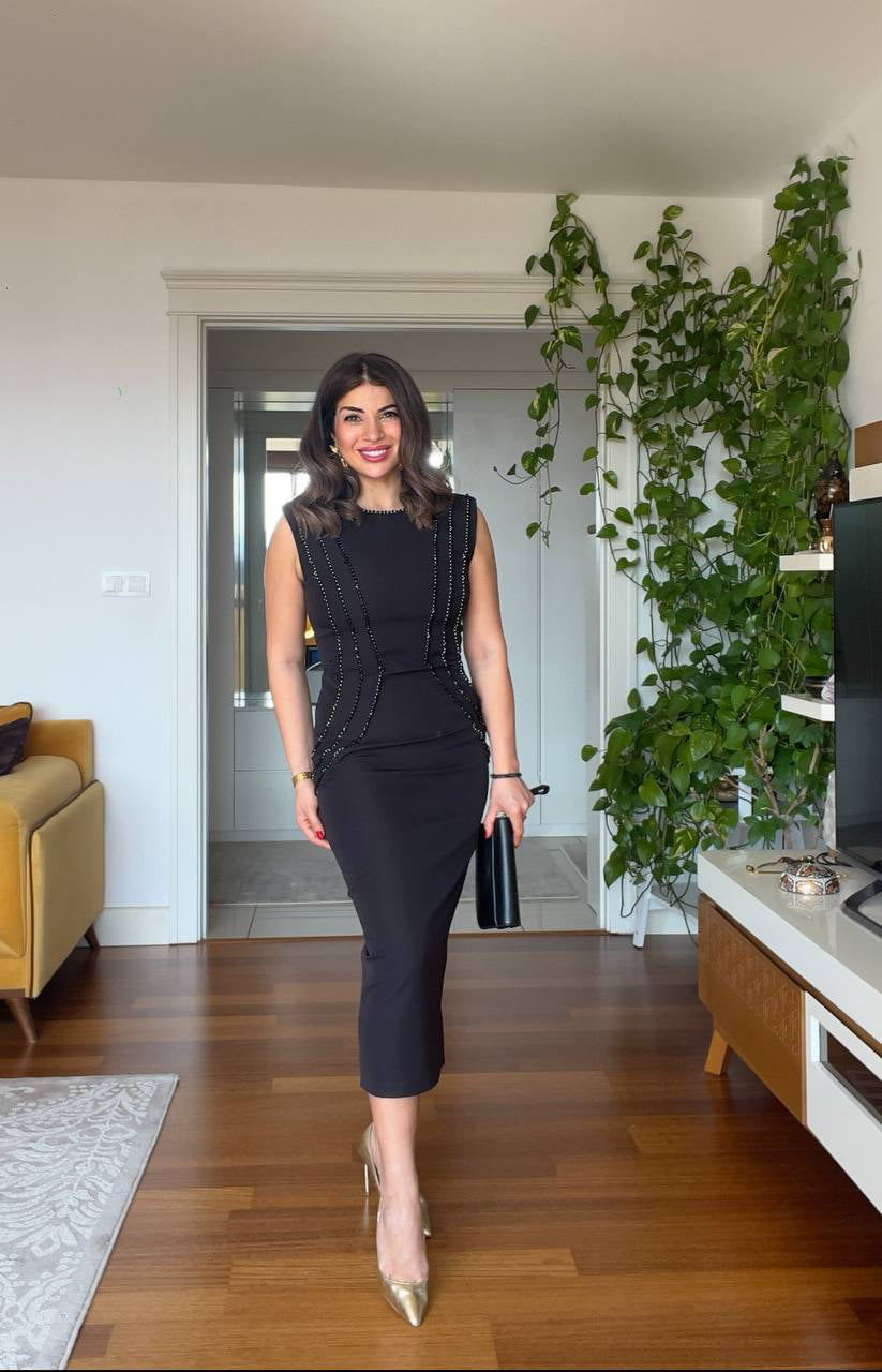 BEADED EMBROIDERED DRESS - BLACK