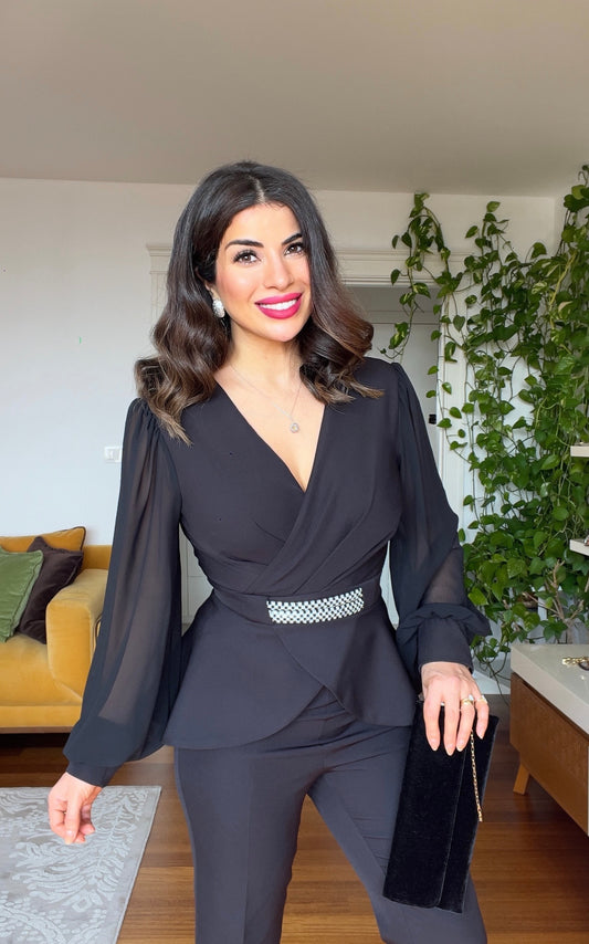 STONE BELT DETAILED SUIT - BLACK