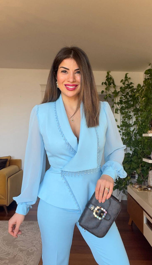 TULLE SLEEVE STONE DETAILED SET - BABY BLUE