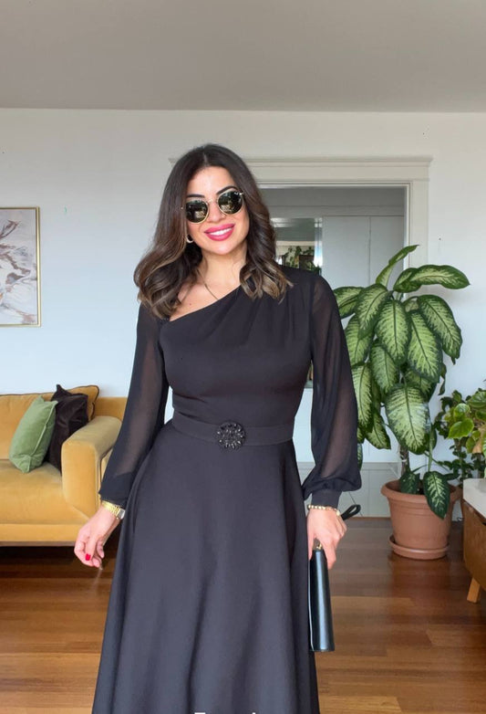 ONE SHOULDER ASYMMETRIC COLLAR DRESS - BLACK