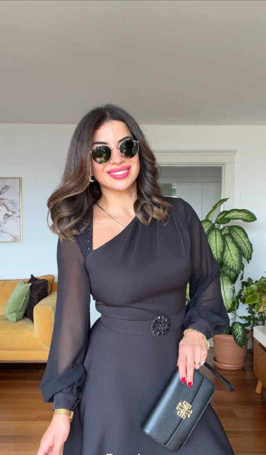 ONE SHOULDER ASYMMETRIC COLLAR DRESS - BLACK