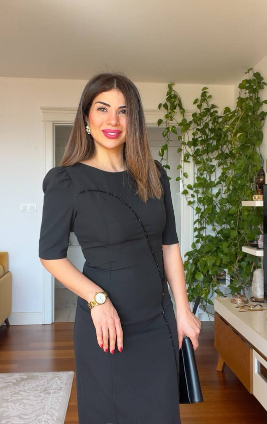 STONE DETAILED PENCIL DRESS - BLACK