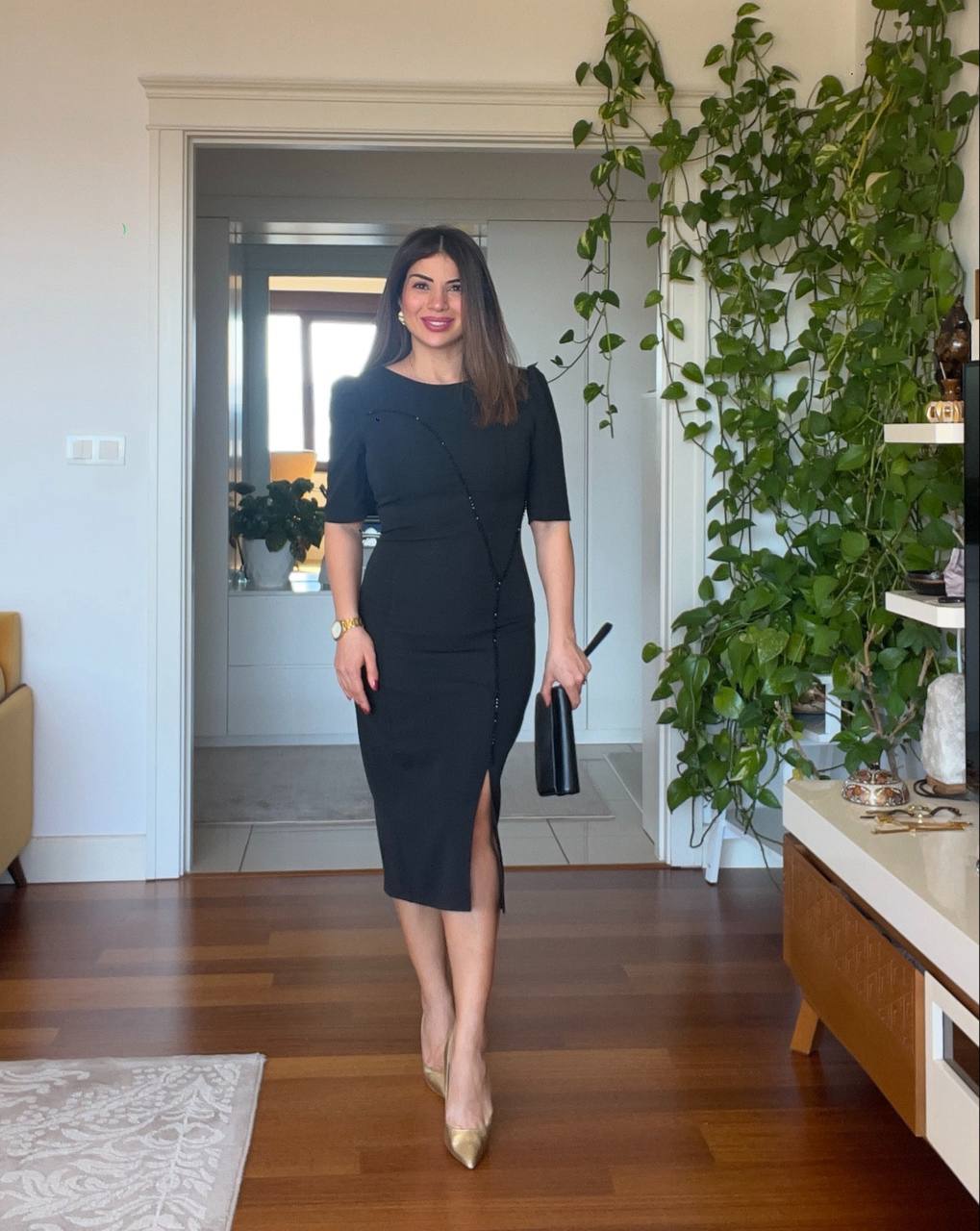 STONE DETAILED PENCIL DRESS - BLACK