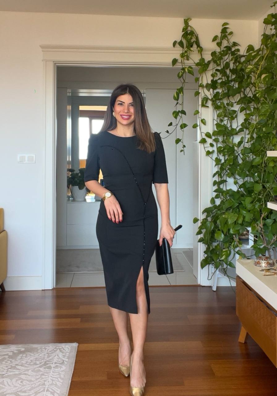 STONE DETAILED PENCIL DRESS - BLACK