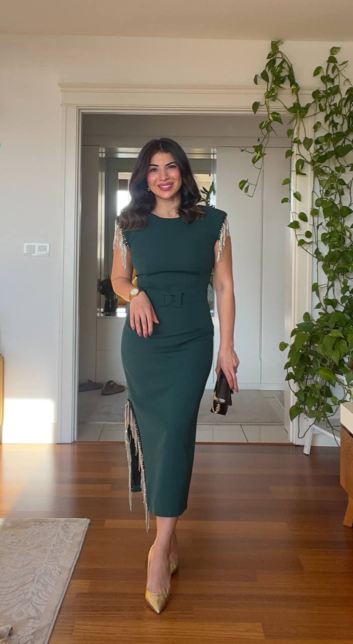 STONE FRINGE DETAILED SLEEVE DRESS - GREEN