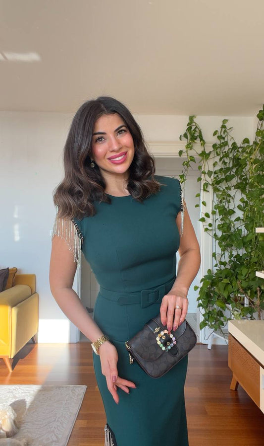 STONE FRINGE DETAILED SLEEVE DRESS - GREEN