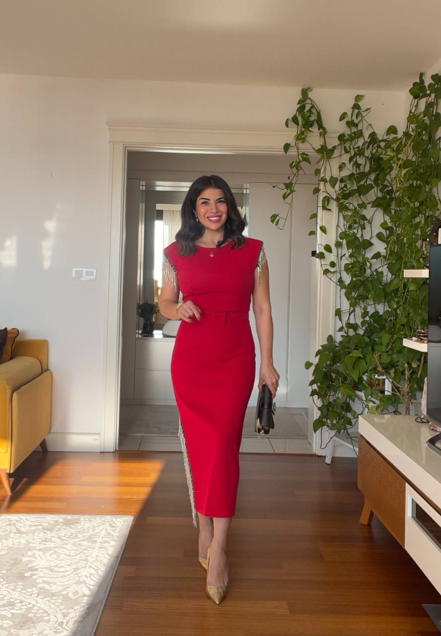 STONE FRINGE DETAILED SLEEVE DRESS - RED