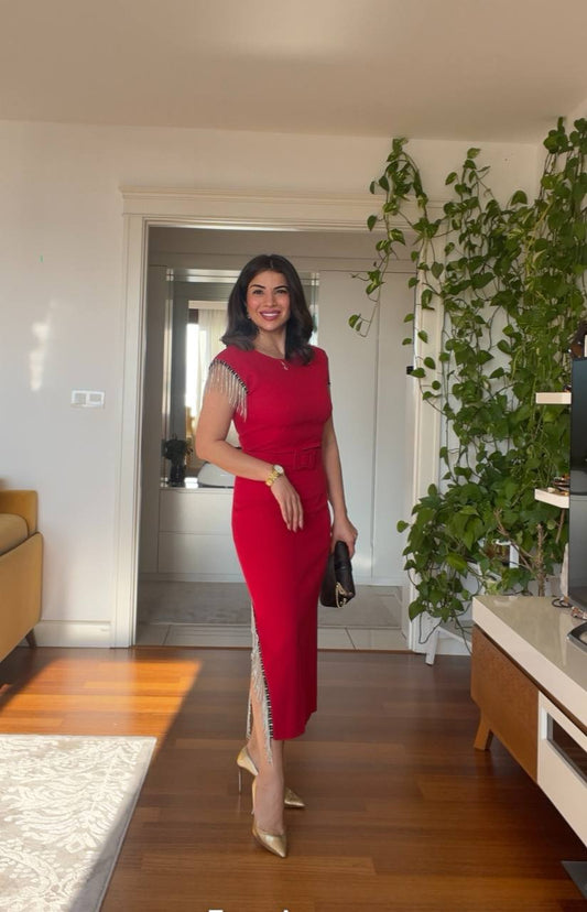 STONE FRINGE DETAILED SLEEVE DRESS - RED