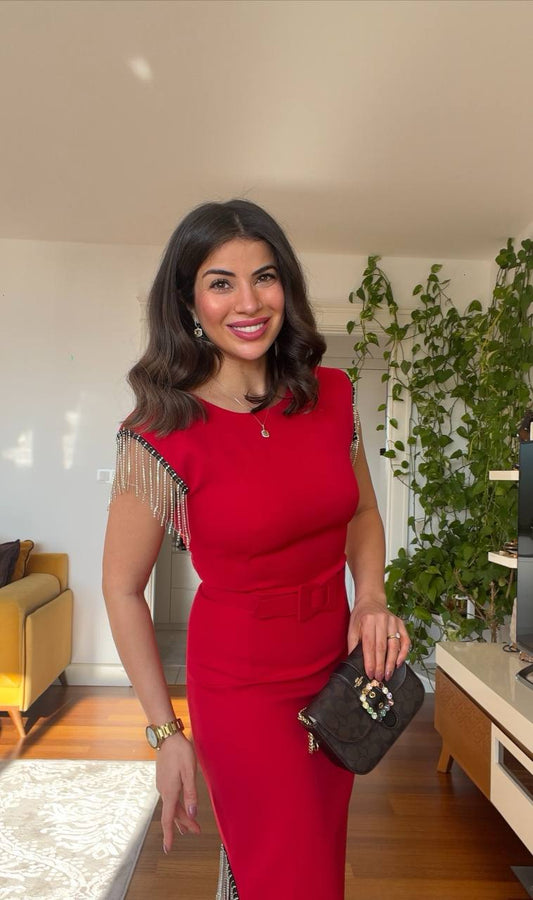 STONE FRINGE DETAILED SLEEVE DRESS - RED