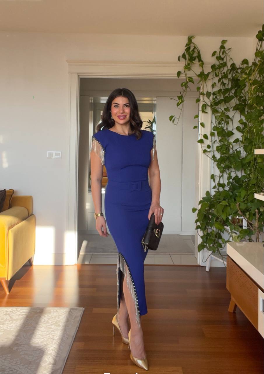 STONE FRINGE DETAILED SLEEVE DRESS - SAX BLUE