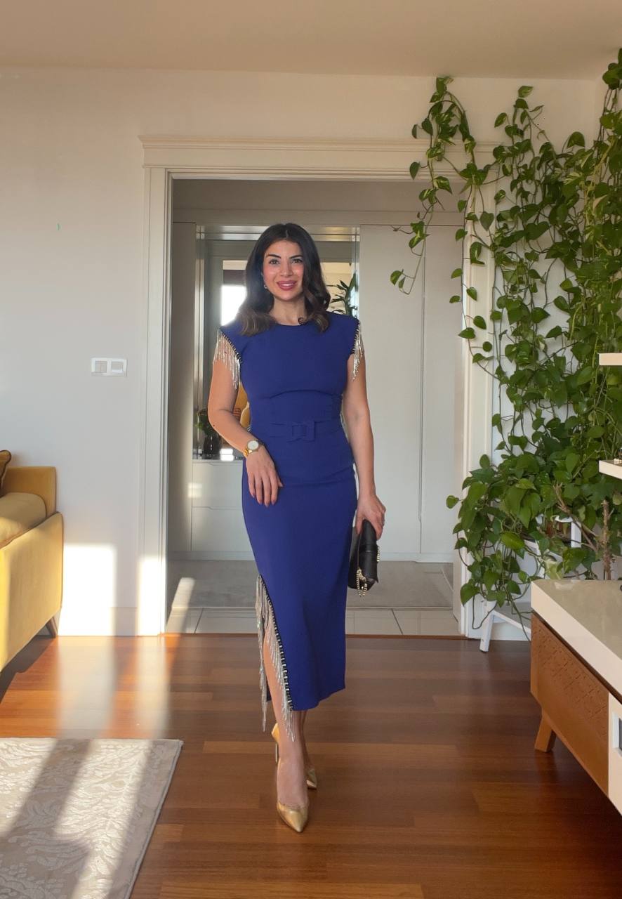 STONE FRINGE DETAILED SLEEVE DRESS - SAX BLUE