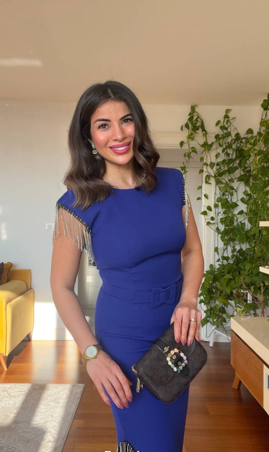 STONE FRINGE DETAILED SLEEVE DRESS - SAX BLUE