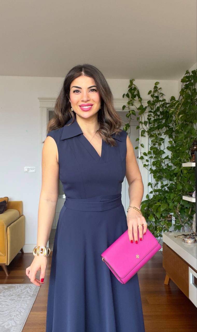 V-NECK DRESS - NAVY BLUE