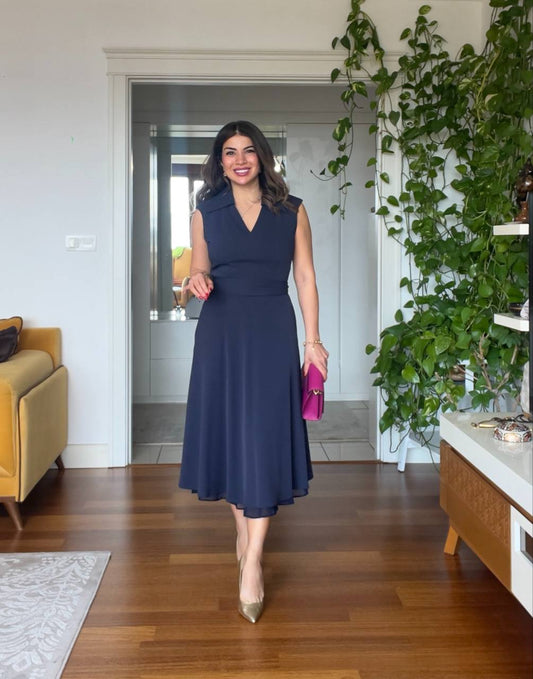 V-NECK DRESS - NAVY BLUE