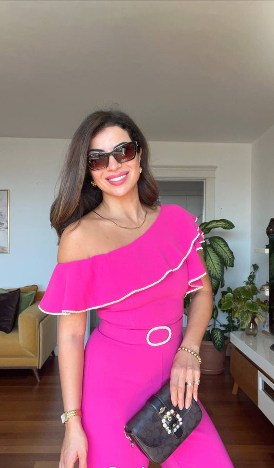 ASYMMETRIC SHOULDER DETAIL FLOUNCED OVERALL - FUCHSIA