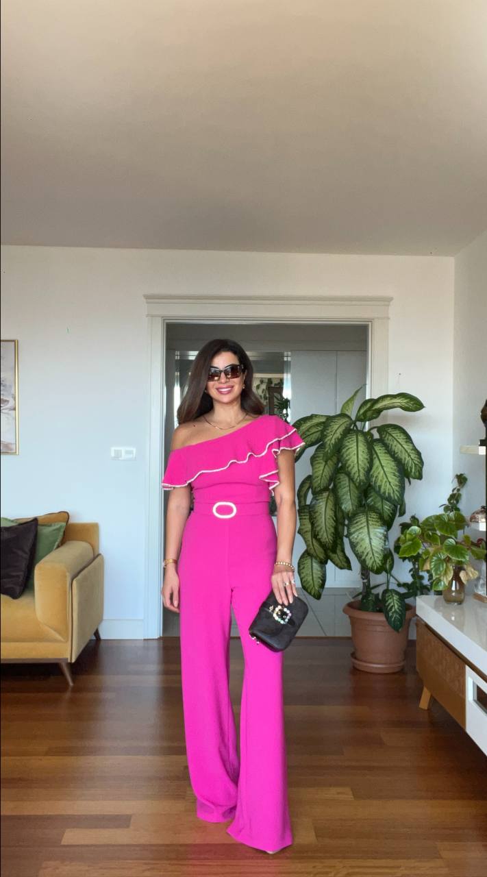 ASYMMETRIC SHOULDER DETAIL FLOUNCED OVERALL - FUCHSIA