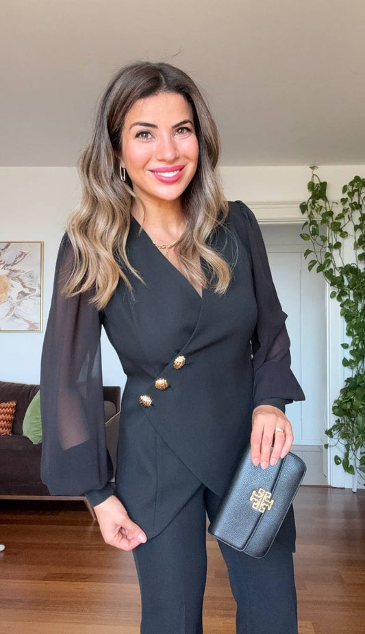 ASYMMETRIC CUT BLAZER SET - BLACK