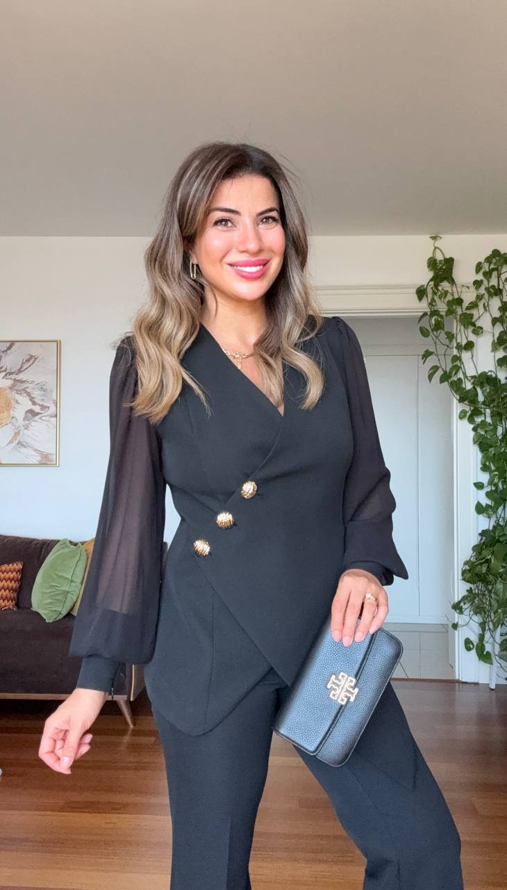 ASYMMETRIC CUT BLAZER SET - BLACK