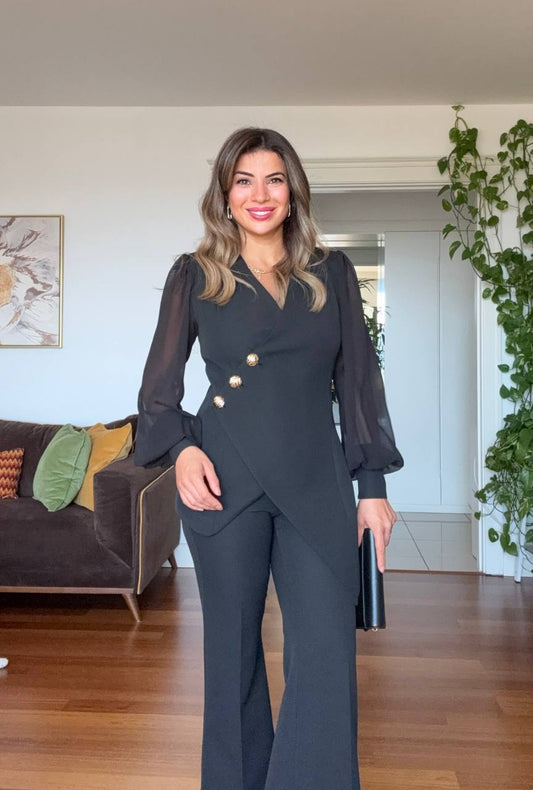 ASYMMETRIC CUT BLAZER SET - BLACK