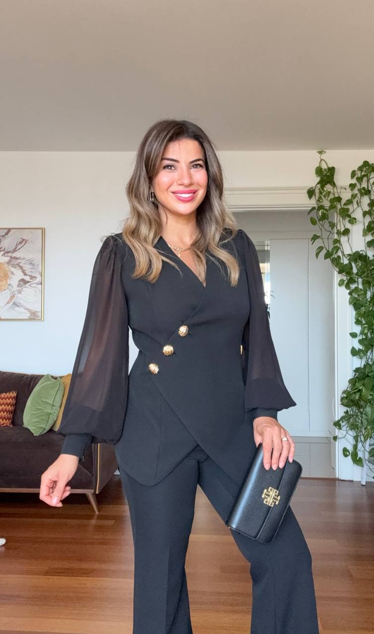 ASYMMETRIC CUT BLAZER SET - BLACK