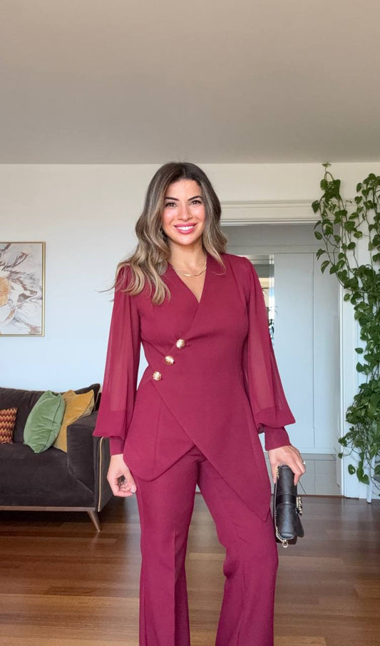 ASYMMETRIC CUT BLAZER SET - BURGUNDY
