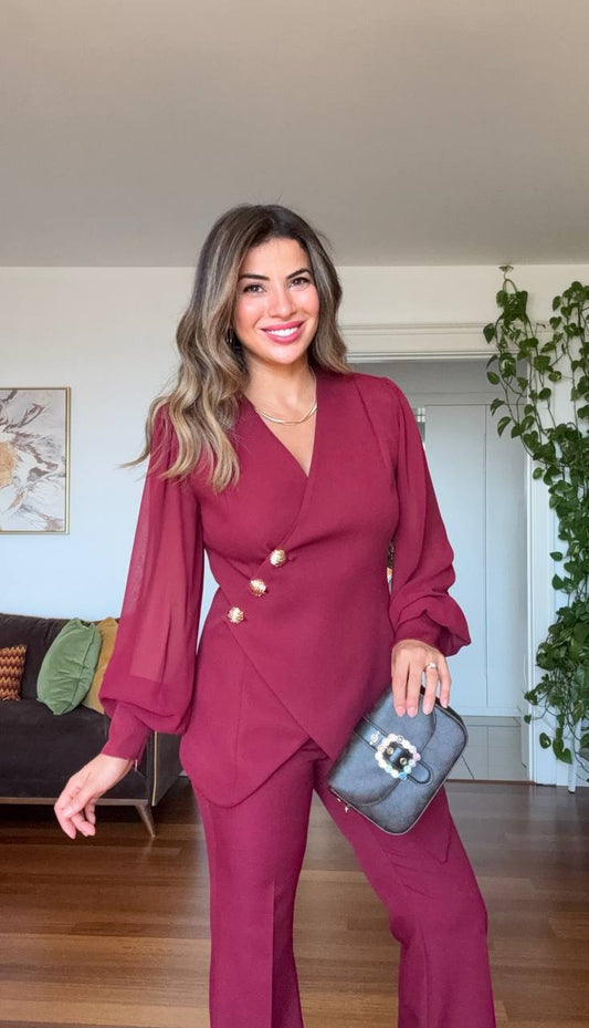 ASYMMETRIC CUT BLAZER SET - BURGUNDY
