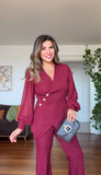 ASYMMETRIC CUT BLAZER SET - BURGUNDY