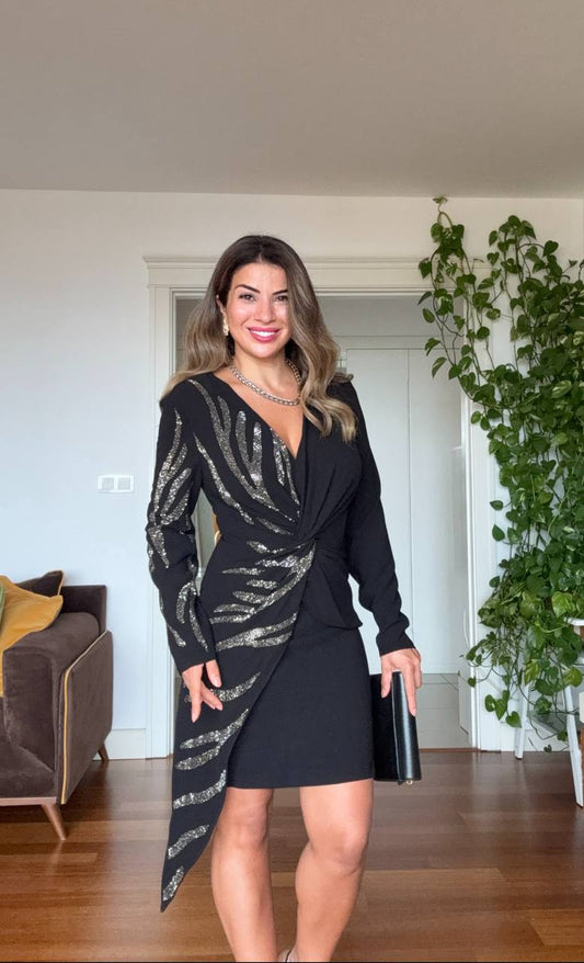 SİLVER STRİPE DETAİL DRESS - BLACK