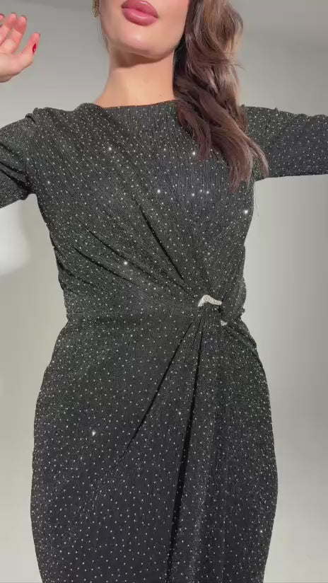SHIMMERING WRAP DETAIL MIDI DRESS – BLACK