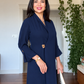 SHAWL COLLAR GOLD BUCKLE DETAIL FLOWY MAXI DRESS - NAVY BLUE