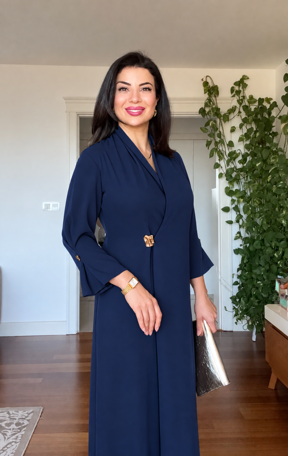 SHAWL COLLAR GOLD BUCKLE DETAIL FLOWY MAXI DRESS - NAVY BLUE
