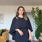 CAPE DETAIL BROOCHED MIDI DRESS - BLACK