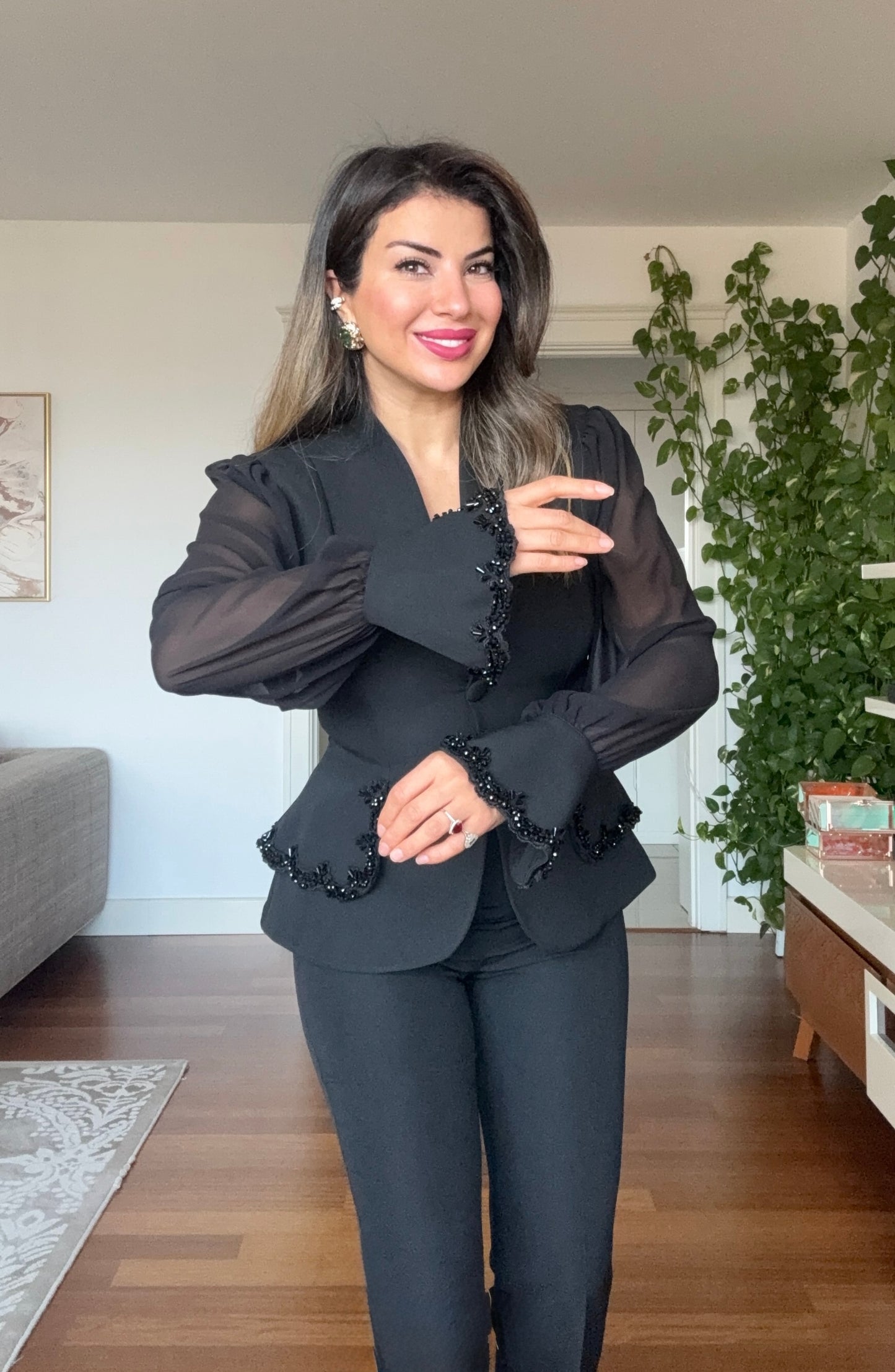 EMBELLISHED CHIFFON SLEEVE BLAZER SUIT - BLACK