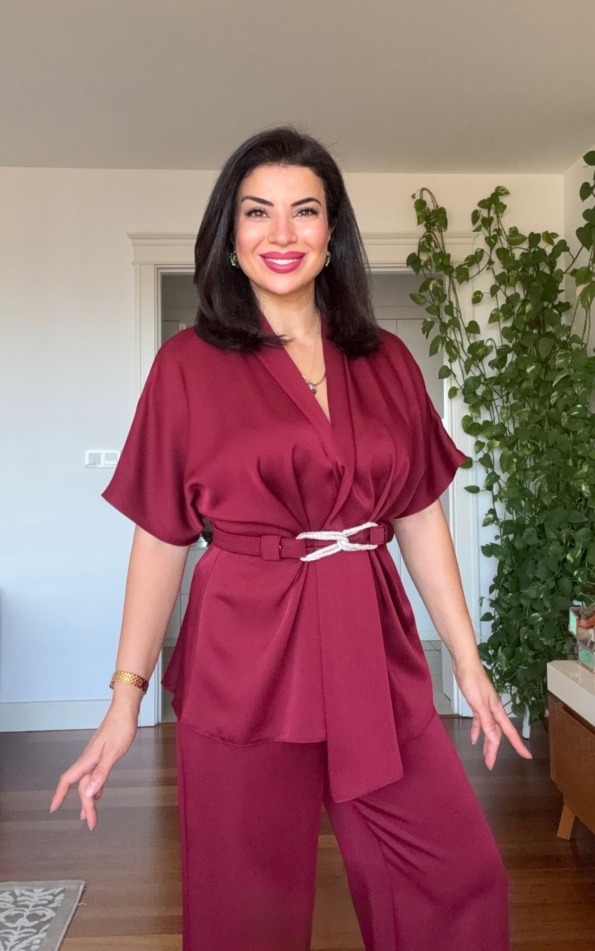 SATIN TWO-PIECE SET WITH WRAP TIE DETAIL