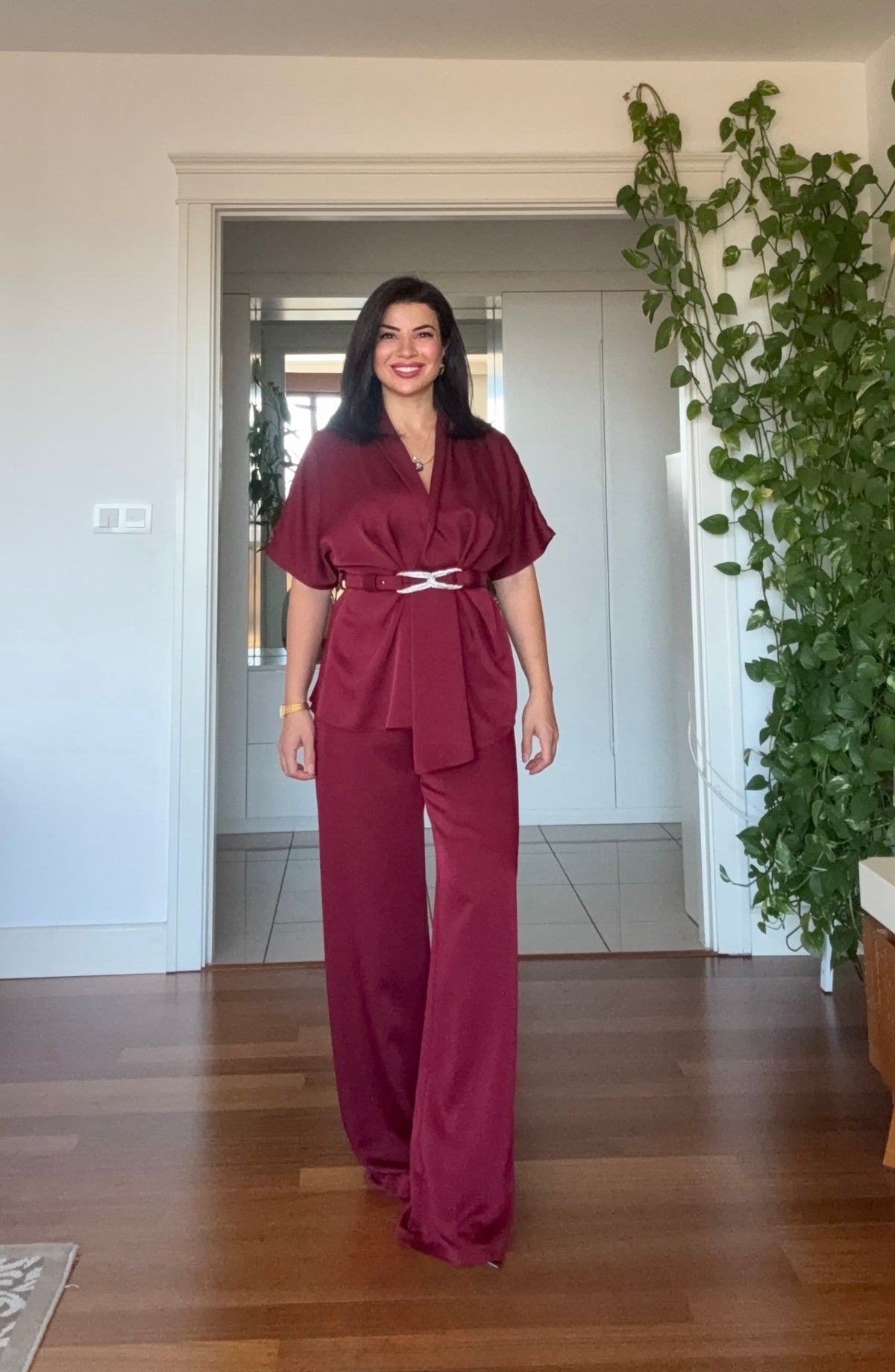 SATIN TWO-PIECE SET WITH WRAP TIE DETAIL