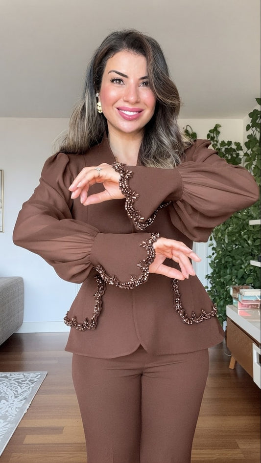 EMBELLISHED CHIFFON SLEEVE BLAZER SUIT - BROWN