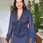 BEADED EMBROIDERED CHIFFON SLEEVE MIDI DRESS - NAVY