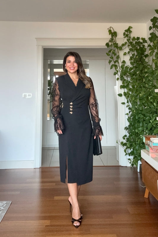 GOLD BUTTON DETAILED LACE SLEEVE WRAP DRESS – BLACK