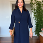 SHAWL COLLAR GOLD BUCKLE DETAIL FLOWY MAXI DRESS - NAVY BLUE