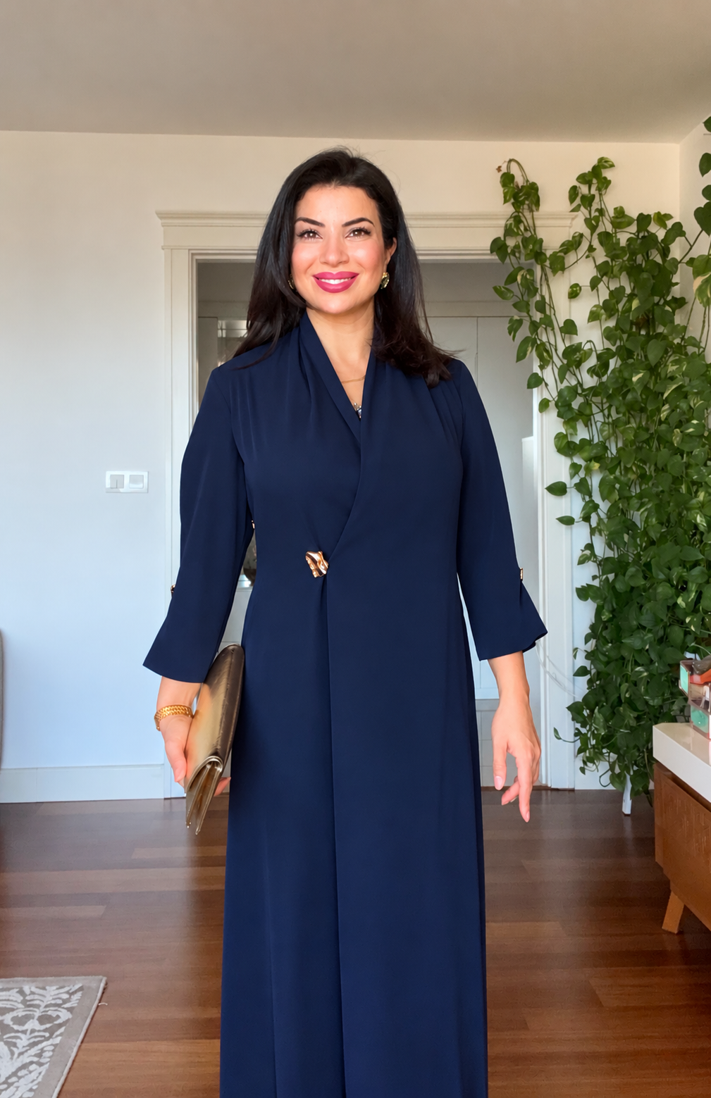SHAWL COLLAR GOLD BUCKLE DETAIL FLOWY MAXI DRESS - NAVY BLUE