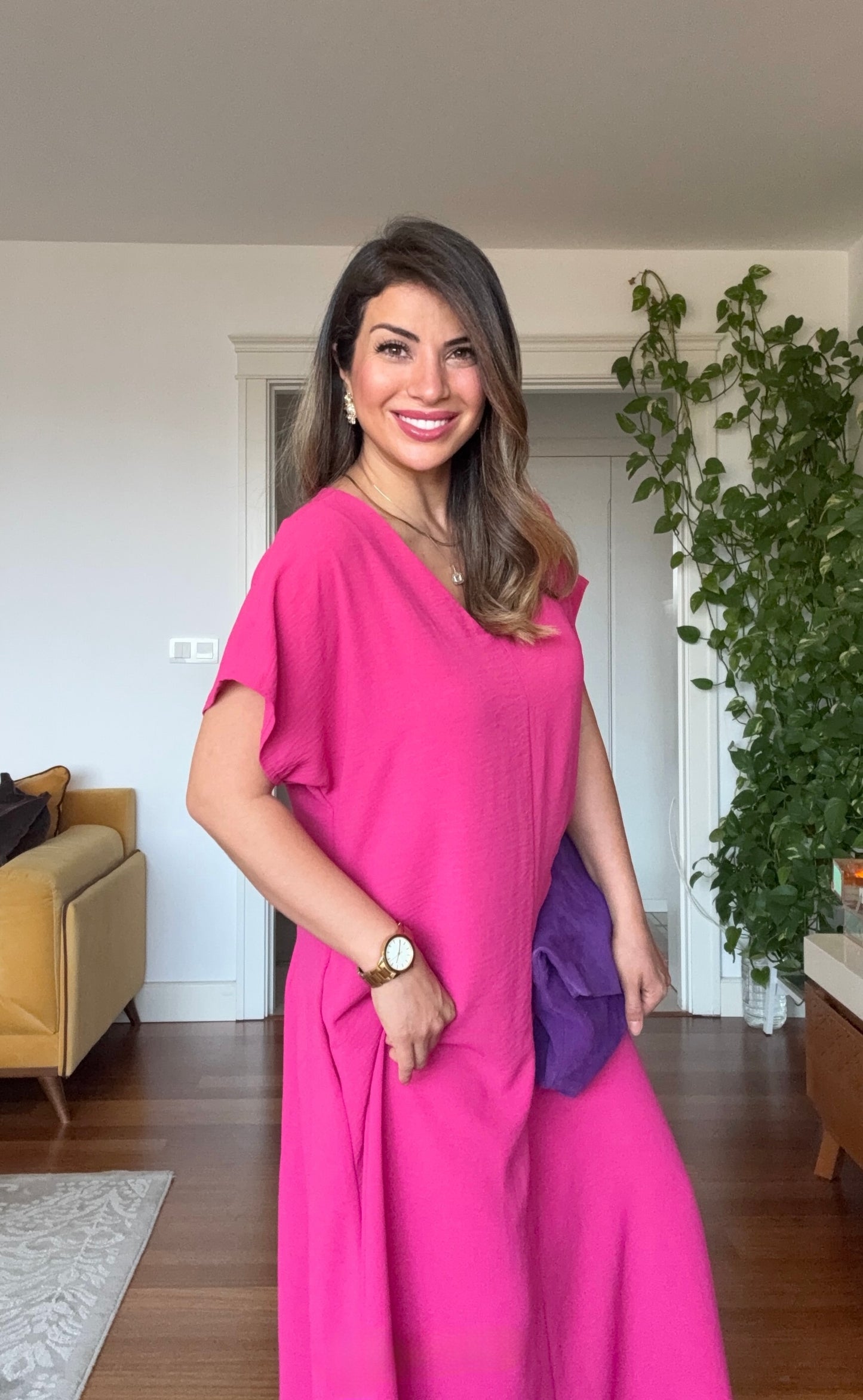 V-NECK OVERSIZED MAXI DRESS - FUCHSIA