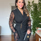 GOLD BUTTON DETAILED LACE SLEEVE WRAP DRESS – BLACK