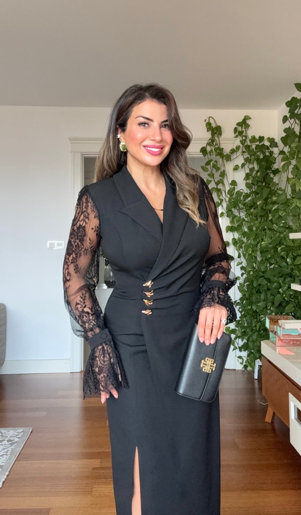 GOLD BUTTON DETAILED LACE SLEEVE WRAP DRESS – BLACK