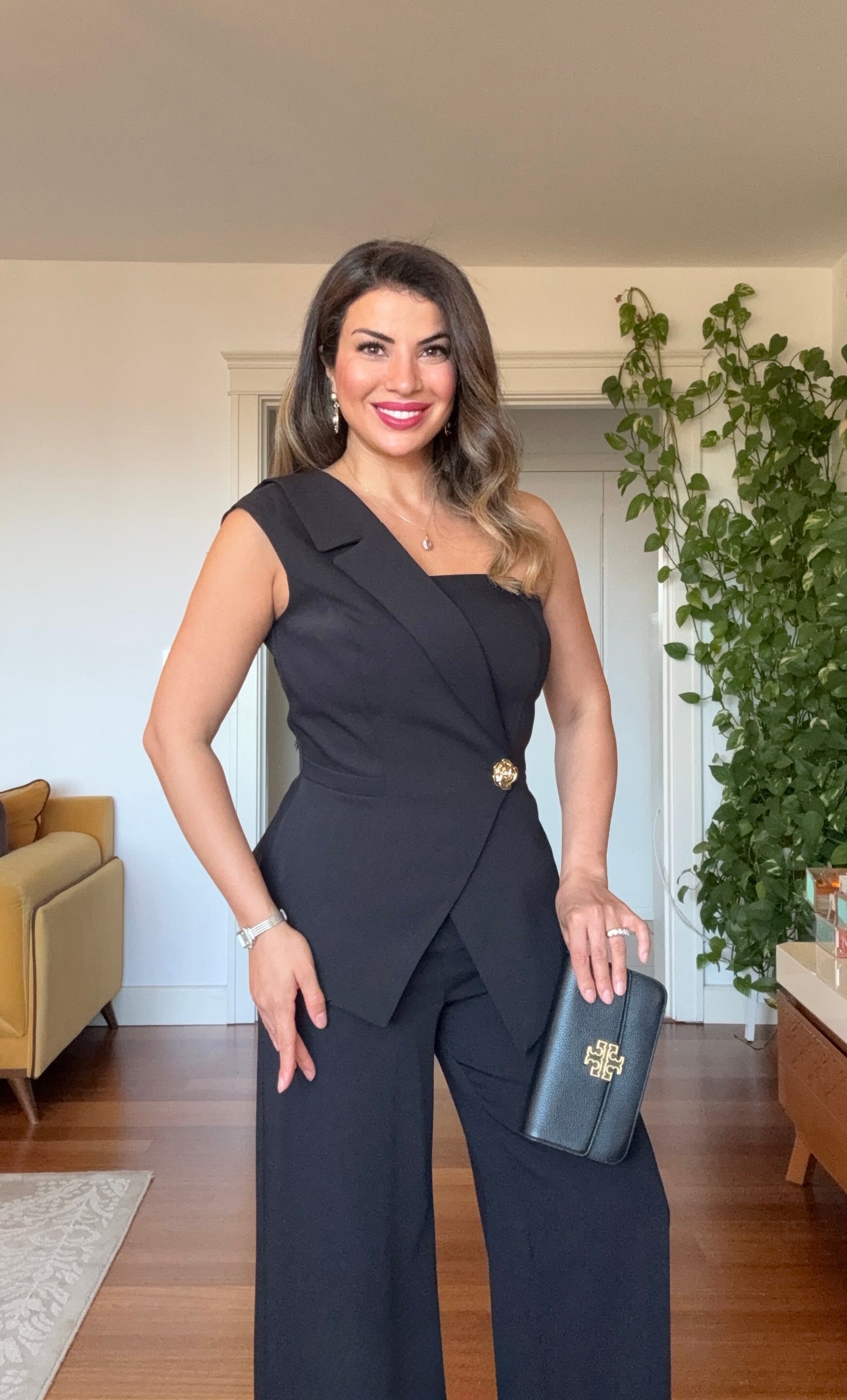 ASYMMETRIC ONE-SHOULDER BLAZER COLLAR WIDE-LEG SUIT - BLACK