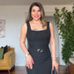ELEGANT SQUARE NECK EMBELLISHED EVENING DRESS - BLACK